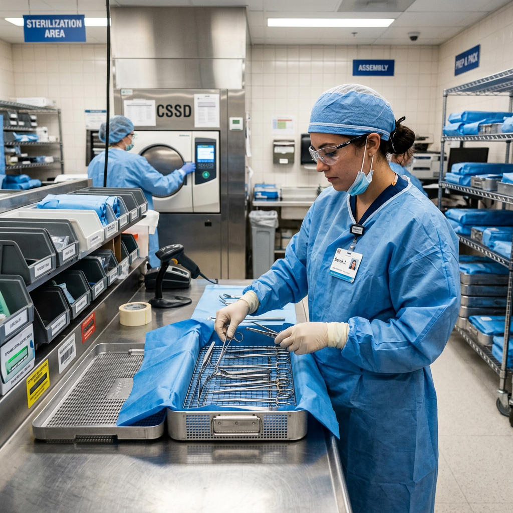 Healthcare worker in blue scrubs arranging surgical instruments on sterile tray