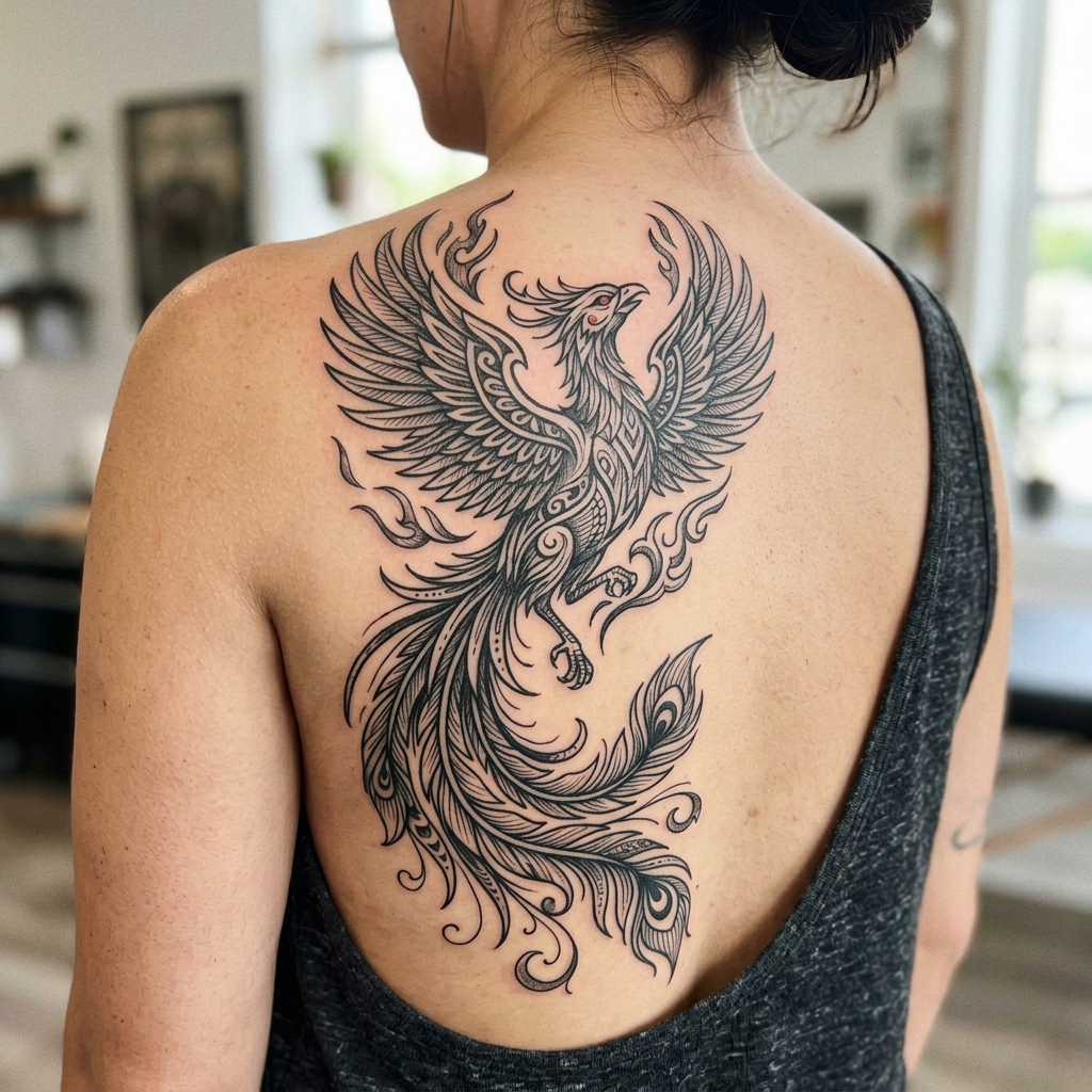 Detailed black-ink phoenix tattoo covering a person’s upper arm